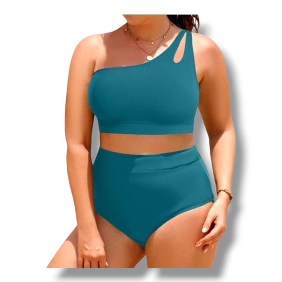 Tempt Me -  Size 20 High Waisted Bikini Teal One-Shoulder Bikini Set - Picture 1 of 13